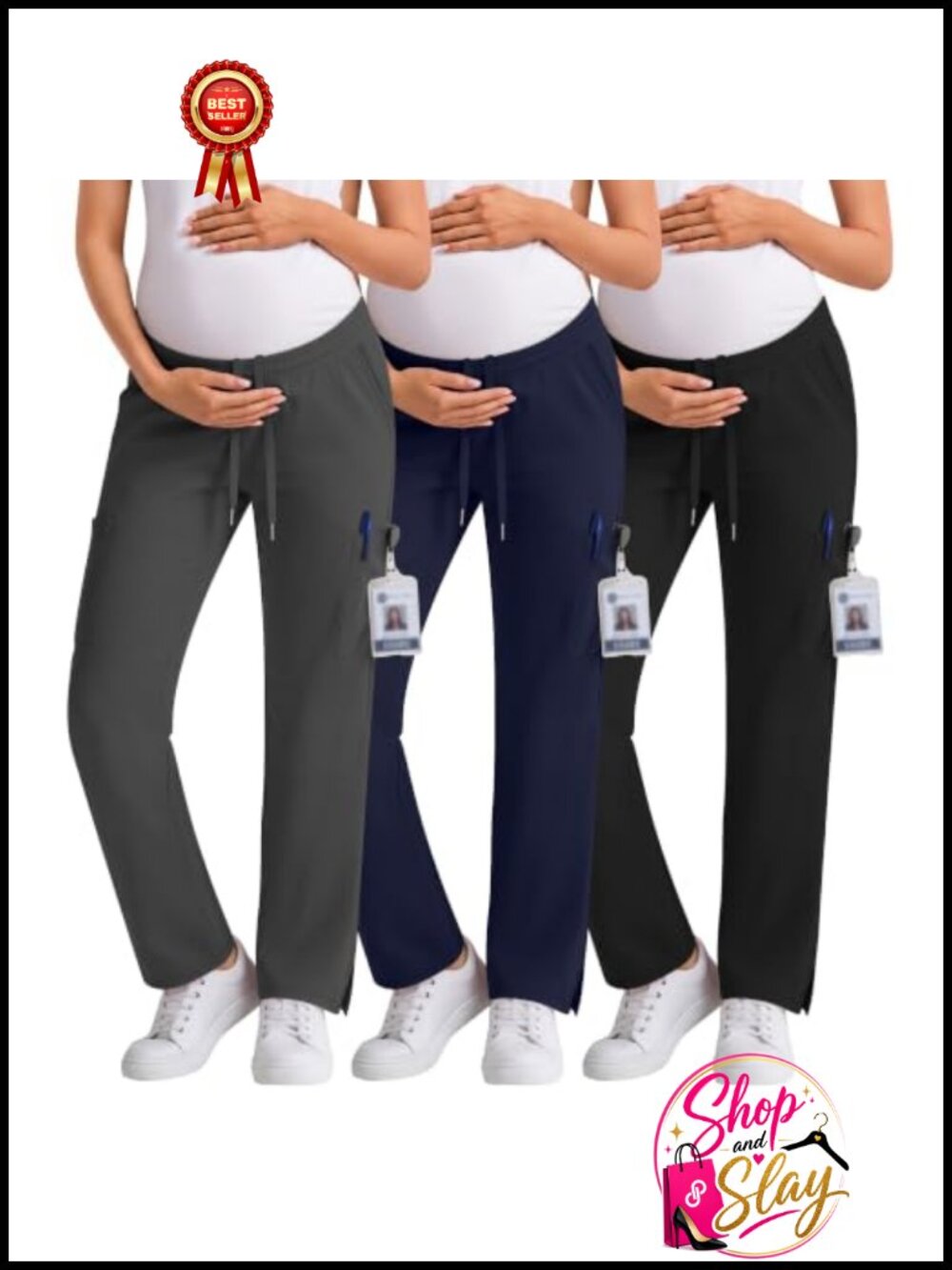 Maternity Scrub Cargo Pants Straight Leg Drawstring 3 Pack